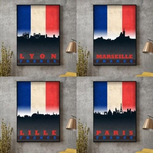 Lille Lyon Marseille Paris France flag city skyline poster canvas art prints home decor