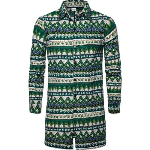 Mens Print national style Shirt Men Casual Fashion long shirts Long Style