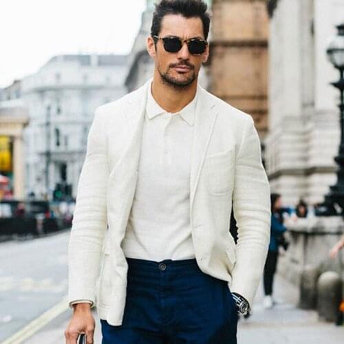 ANNIEBRITNEY Ivory Men Slim Fit Casual Suit With Dark Blue Pants Custom Groom Wedding Tuxedo 2020 Prom Wedding Business Suit Set