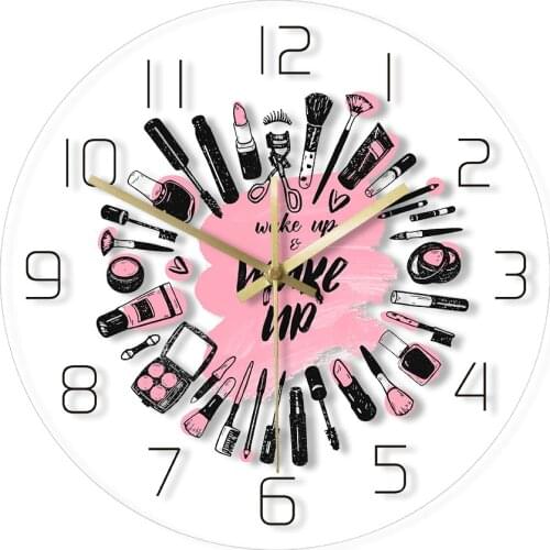Make Up Set Wall Clock LED Backlight Beauty Salon Business Night Light Watch Non-ticking Sleepy Lamp Duvar Saati Remote Control