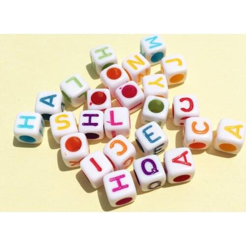 Wholesale 1900PCS/Lot 6*6MM Cube Square Letters Beads Big Hole White with Colorful Initial Alphabet Printed Plastic Spacer Beads