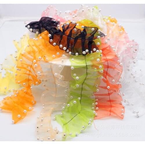20Yard Organza Pleated Pearl Lace Ribbon Gauze Fold Ruffle Trim Wedding Dress Hair Accessories Baby Clothes Decoration Material