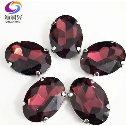 Wine red oval shape High quality Glass Crystal flatback sew on claw rhinestones with holes,Diy/Clothing accessories SWT17