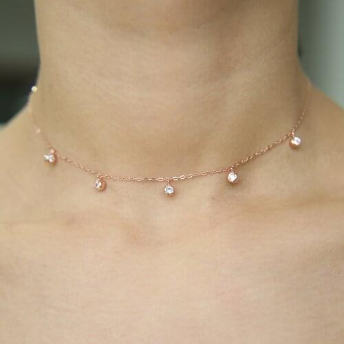 100% 925 sterling silver 3 colors mini round cz drop simple minimal delicate jewelry choker necklace