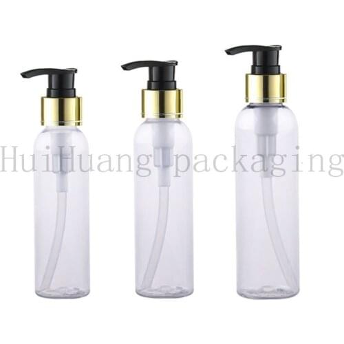 50pcs 120/150/200ml clear empty cosmetic bottle with gold aluminum lotion pump shampoo dispenser container,cosmetic packaging