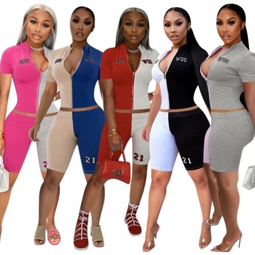 S-2XL summer 2021 women clothing two piece short set casual sport Stitching color V-Neck outfit Wholesale Dropshipping