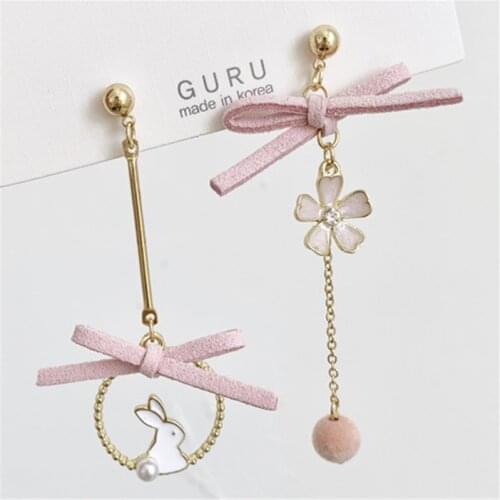 Day is a sweet and lovely young girl heart cherry blossoms bow rabbit asymmetric stud earrings earrings women adorn article