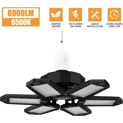 80W 100W 200W LED Five Leaf Garage Light Foldable Garage Ceiling Lamp Basement Indoor Outdoor High Bay Light Warehouse Lighting