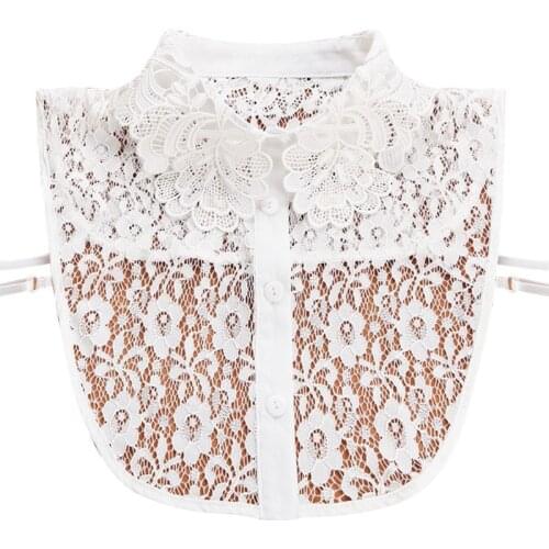 Women Blouse Sweater Round Neck Fake False Collar Detachable Sheer Embroidered Floral Lace Solid Half Shirt Tie Button Apparel