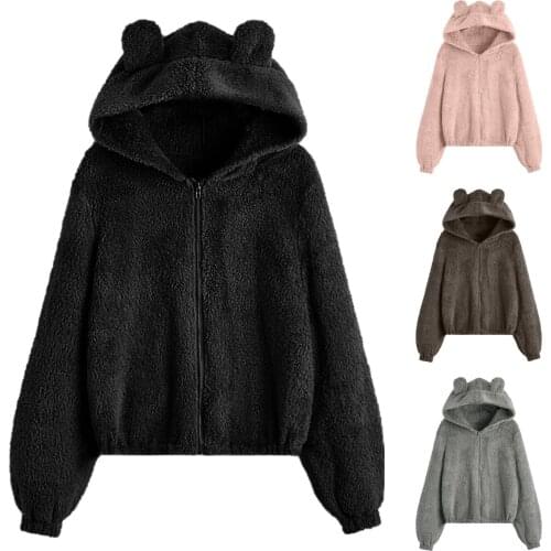 Hoodies Women Plush Coat Autumn Winter Warm Faux Lamb Fur Sweatshirts Long Sleeve Collar Zipper Solid Pullovers Warm Tops 2021