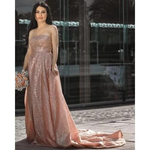 Rose Gold Long Glitter Strapless Prom Dresses 2021 High Split Side Formal Party Gown Robe De Soiree