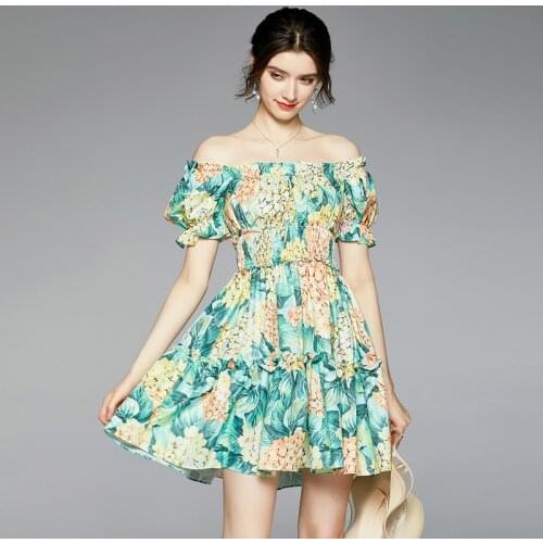 Summer Holiday Floral Dress Women Sexy Off Shoulder Short Puff Sleeve Chic Flower Print A Line Mini Beach Party Vestidos k6179