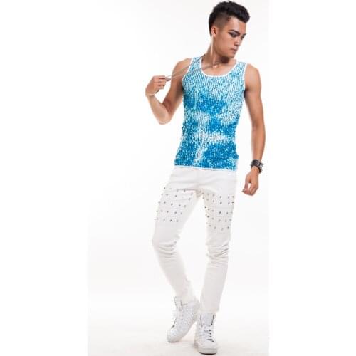 New Male Colorful Sequined vest Stage show ds dance singer performance wear Men Paillette tank tops