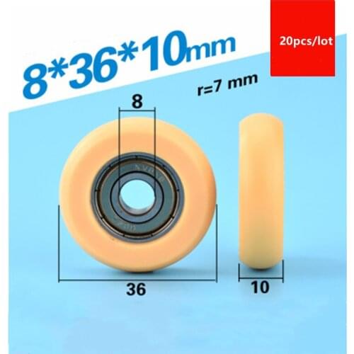 20pcs circular arc plastic coated bearing 608ZZ 608 8*36*10mm yellow door window drawer roller POM nylon wrapped wheel pulley