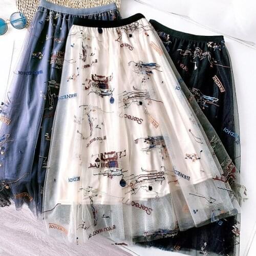 2020 High Waist Embroidery Mesh Long Chic Autumn Women A Line Casual Skirt Faldas Jupe Femme Saia