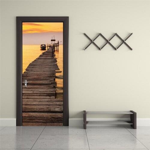 3D Visual Door Sticker Wharf Marine Sunset Wallpaper Poster Decorative Waterproof Sticker Self Adhesive Removable Home Art Decal