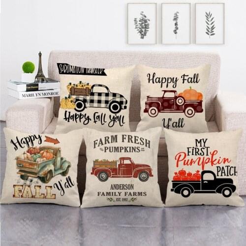 Autumn Thanksgiving Linen Cushion Cover 45x45 Letter Fall Pumpkin Red Truck Maple Leaf Throw Pillow Case Farmhouse Home Decor