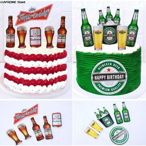 6pcs/set Beer Cake Topper Flags Green Red Cupcake Toppers Kids Girl Boy Happy Birthday Wedding Decoration Party Baking DIY New