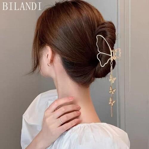 Bilandi 2021 New Metal Hair Claw Clips With Chain Tassel Glass Beads Butterfly Bow Dangle Hair Clips For Women Hair Accessories