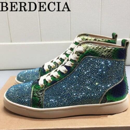 Berdecia Shiny Crystal Bling Men Shoes Lace Up Leather Leisure Style High Top Wedding party Chaussures Male Spring Sneakers