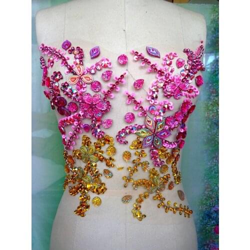 Zbroh hot sale!Handmade pink/golden crystal patches sew on Rhinestones applique with stones sequins beads 31*27cm for dress