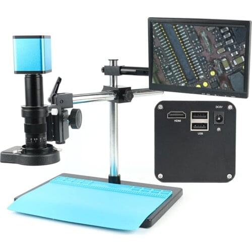 Autofocus 1080P SONY IMX290 HDMI Industry Video Microscope Camera U Disk 180X Zoom Digital Microscope Boom Stand Set+Working Mat