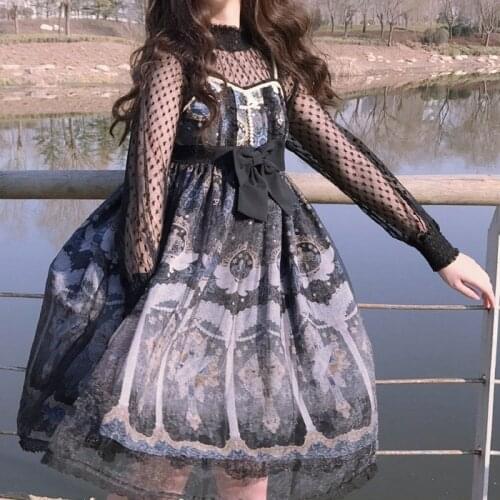 Gothic vintage sweet lolita dress palace lace bowknot printing high waist victorian dress kawaii girl gothic lolita jsk loli cos