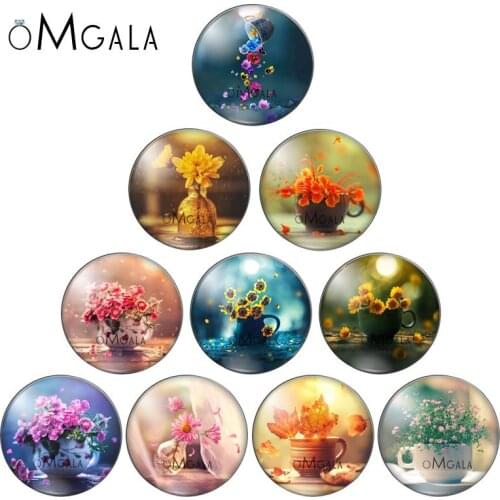 Beautiful Plant SunFlower Chrysanthemum Rose Pattern Round Glass Cabochon Dome Demo Flat Back Making Jewelry Findings 10pcs/lot