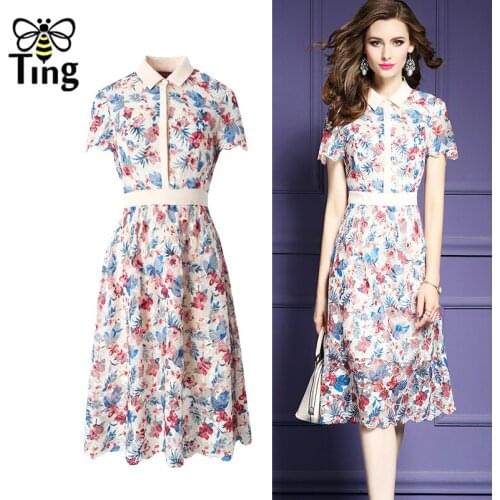 Tingfly Summer Elegant Office Work Lace Dress Floral Flower A Line Casual Knee Length Lace Dress Ciuchy Damskie Plus Size 2XL