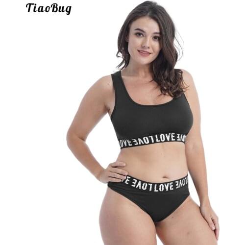 TiaoBug Summer 2Pcs Women Swimsuit Tankini Bikini Set Print Letter Pattern Top Bra Elastic Waist Thong Triangle Beach Swimwear