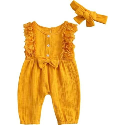 Fashion Baby Girls Rompers Sleeveless Round Collar Jumpsuit + Headdress Ruffle Girls Jumpsuits Romper Kids Baby Clothes