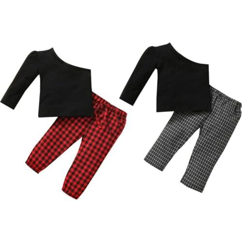 0-3Y Girls Fashion Clothing Sets Toddler Kids Baby Girls Solid Color One Shoulder Tops+Plaid Pants Casual Clothes Outfits