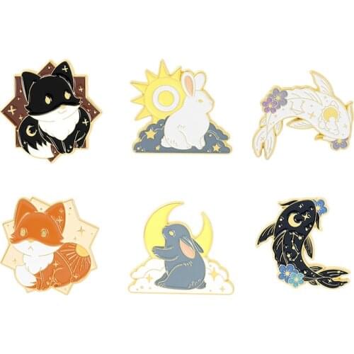 Cartoon Fox Rabbit Fish Brooches Sun and Moon Couple Animals Enamel Pins Bag Lapel Badge Fashion Jewelry Gift for Kids Friends