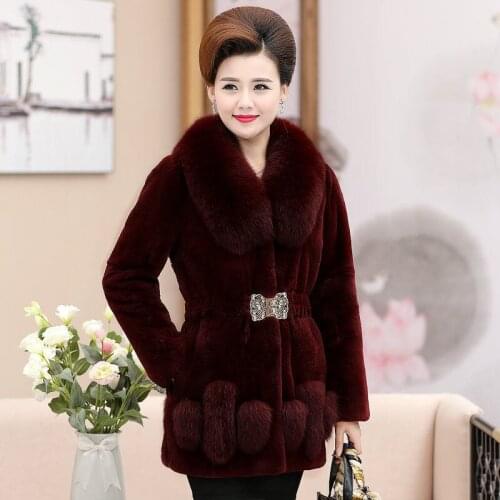 Suofun 2021 New Mothers Imitation Rex Rabbit Fur Medium Length Fur Coat Large Fox Collar winter warm coats