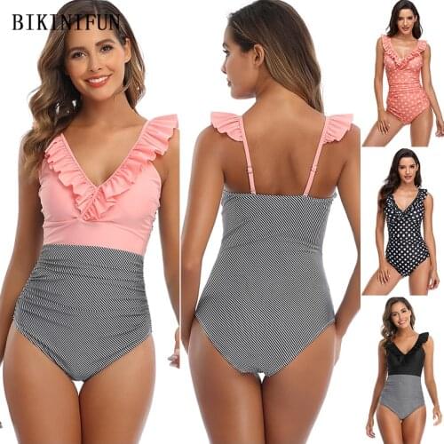 2021 New Polka Dot Beachwear Women V Neck Swimsuit Plus Size One Piece Suit S-2XL Girl Belly Covered Swimwear Backless Monokini
