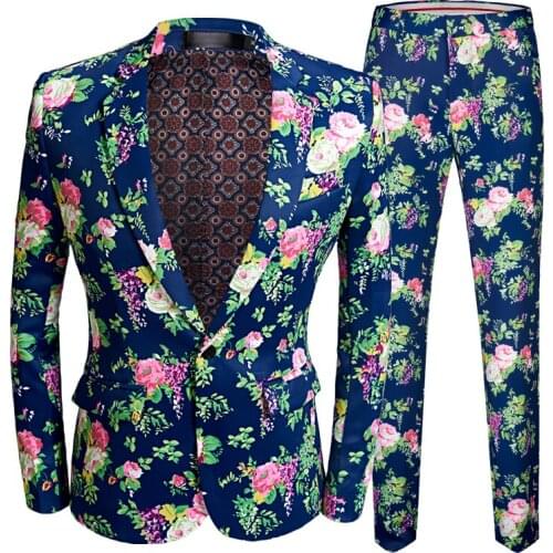 New Design Mens Pink Floral suits Stage Singer Wedding Groom Tuxedo Costume Mens Blue Wedding Suit High Quality Prom Dress