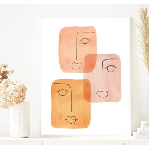 Orange Tone Abstract Face Line illustration Poster Mid Century Modern Wall Art Canvas Painting Prints Living Room Home Decor