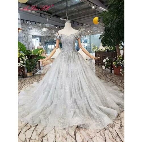 AnXin SH Luxury grey flower lace beading crystal boat neck sparkly big bow illusion ball gown wedding dress 100% real photo