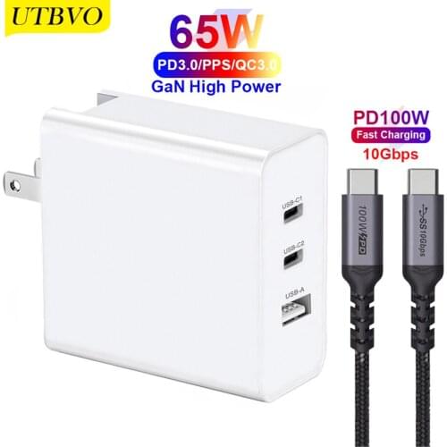 UTBVO 65W 3-Port Wall Charger, GaN Tech C+C+A Quick Charger High Power Fast Charger for iPhone 12 11 Pro Max SE, Macbook Pro