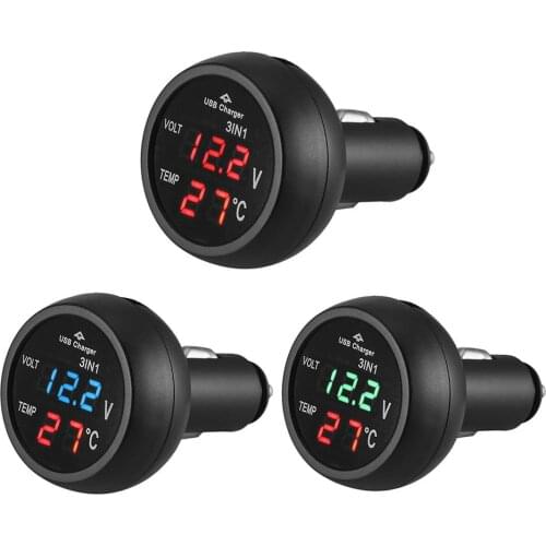 VODOOL Universal 3 in 1 12V 24V Car Volt Meter Auto LED Digital Voltmeter Gauge Thermometer USB Charger Voltage Meter New