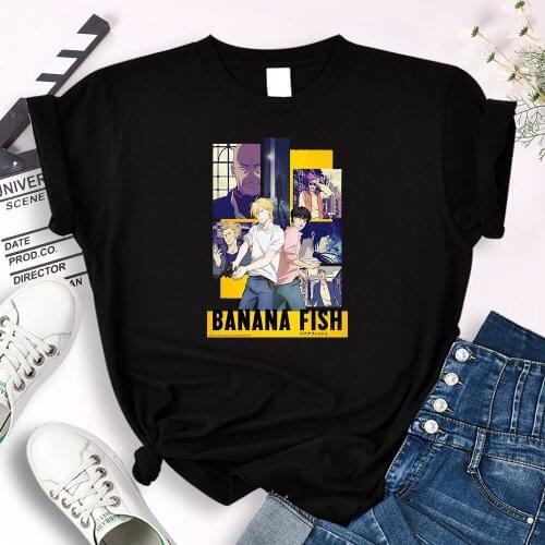 Tee Shirts Women Anime Banana Fish Cartoons Printing Tshirts Womens Big Size Soft Snug Tops Females Loose O-Neck Slim Soft Tees