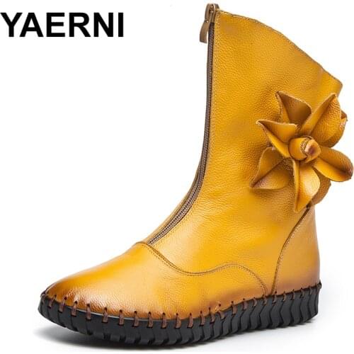 YAERNI2018 Mid Calf Boots Flat Women Genuine Leather Zip Vintage High Booties Riding Ladies Flower Sewing Large Size Shoes E610
