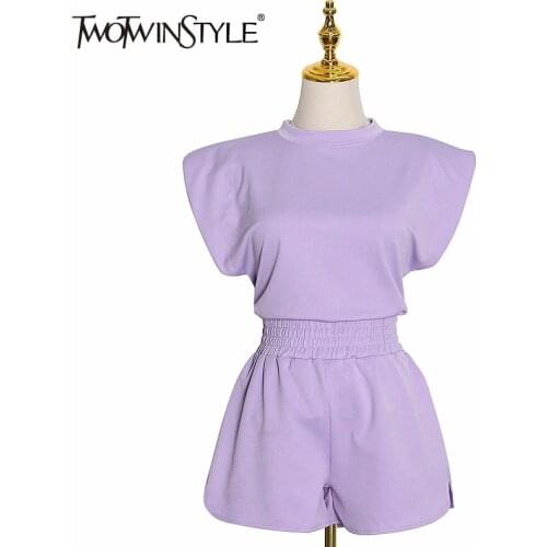 TWOTWINSTYLE Pure Color Running Two Piece Sets For Female O Neck Short Sleeve Top With High Waist Loose Womens Fitness Suit