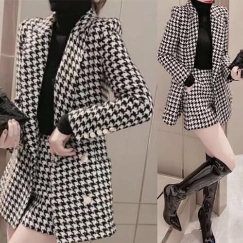 Spring Autumn Suits Female Black And White Plaid Jacket Long + Shorts Two-Piece Sets Women