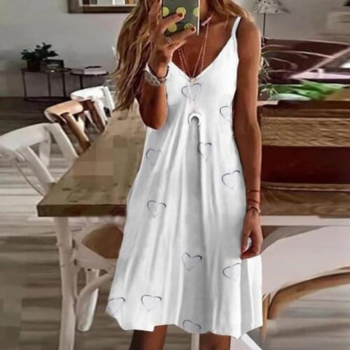 Printing Women Casual Dress V-neck Camisole Knee Length Dress Boho Beach Sleeveless Open Back Summer Dress 2021 Vestidos 40