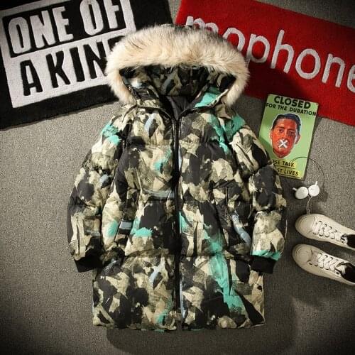 Winter Mens Coats Harajuku Street Hip Hop Long Thick Warm Camouflage Fur Collar Hooded Jacket Male Cotton Camo Loose Parkas