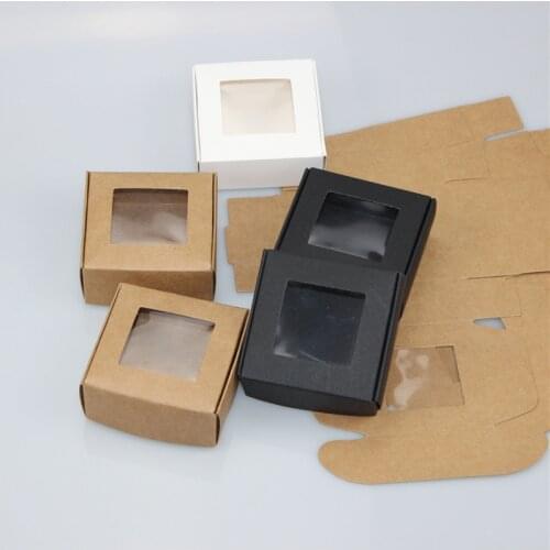 20pcs DIY Folding Cartons Kraft Paper Gift Package Display Box With Clear Pvc Hollow Out Window Wedding Candy Package Box