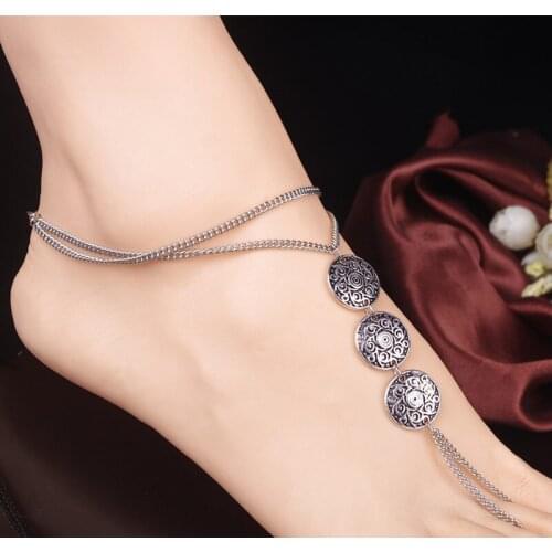 Vintage Silver Color Geometric Carved Flower Toe Ring Anklet Ankle Ethnic Style Foot Jewelry For Women Barefoot Sandals Anklet