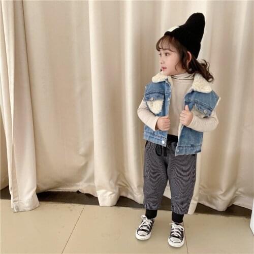 Childrens Plus Velvet Denim Vest Thickened 2020 Winter Clothes Boys and Girls Vest Waistcoat Baby Warm Lamb Wool Coat Tide