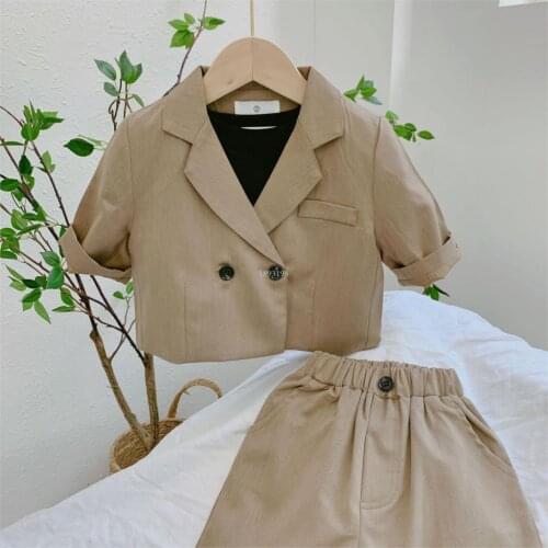 Children Short Sleeve Suit Set New Summer 2021 Boys Girls Double Breasted Blazer Shorts 2pcs Outfits Kids Casual Party Costume